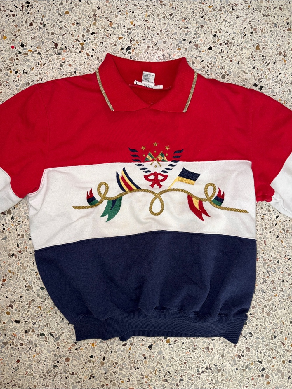 Vintage granny embroidered flags sweatshirt nautical red white blue small petite